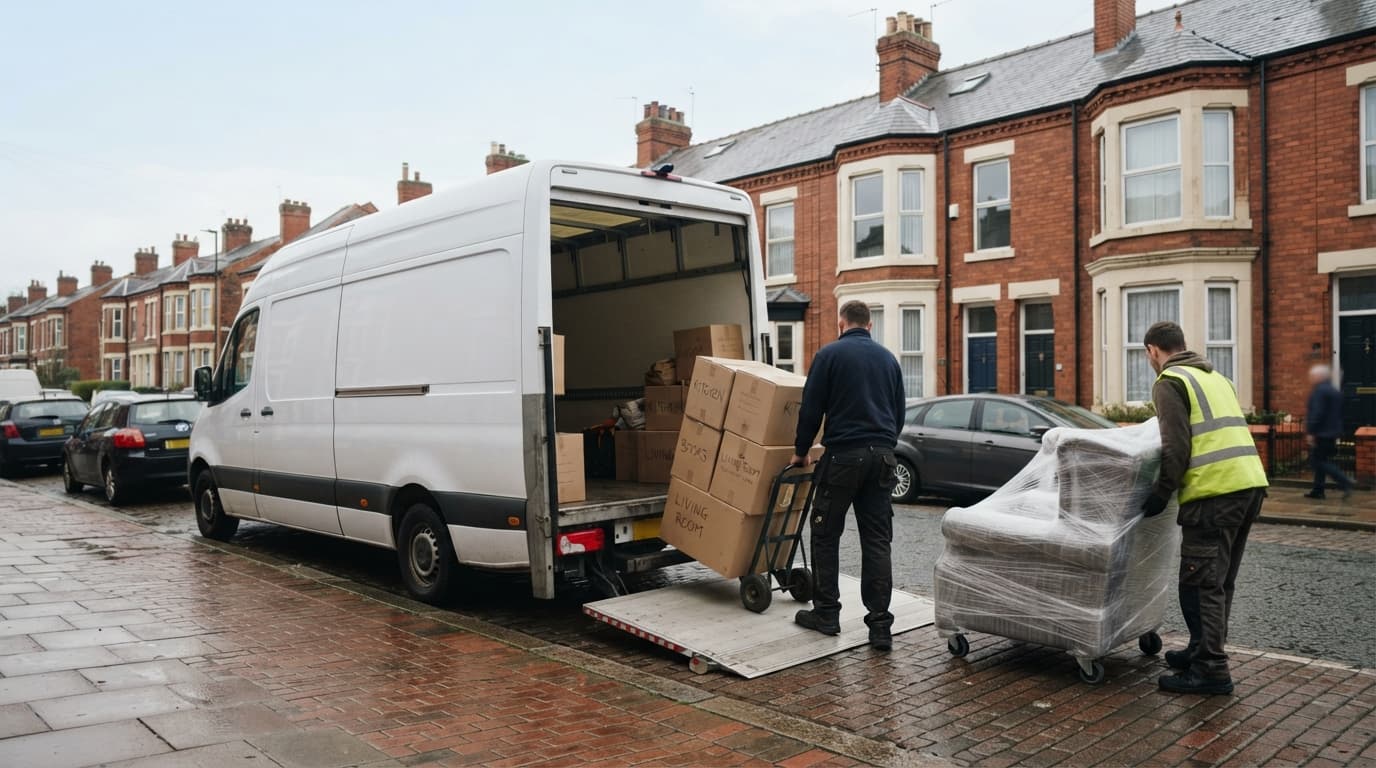 Man and van in London loading a removals van with boxes and blanket-wrapped furniture outside a terraced house